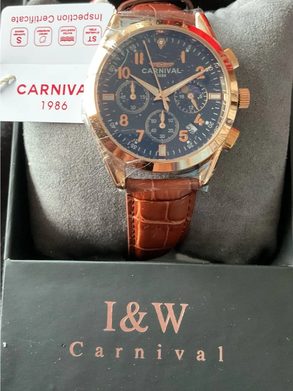 NIB I & W Carnival Chronograph MoonPhase Date Gold Tone/Black Watch Full Set